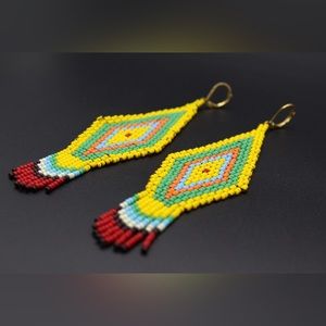 Peacock Earrings , Yellow - Green - Red